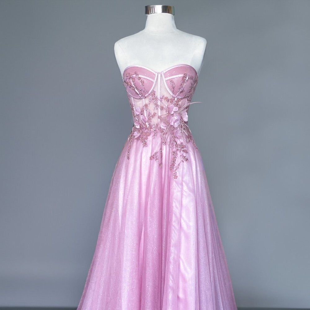 N/A NEW LONG OFF SHOULDER STRAPLESS A-LINE DRESS EMBROIDERED WITH BEADS TM1015